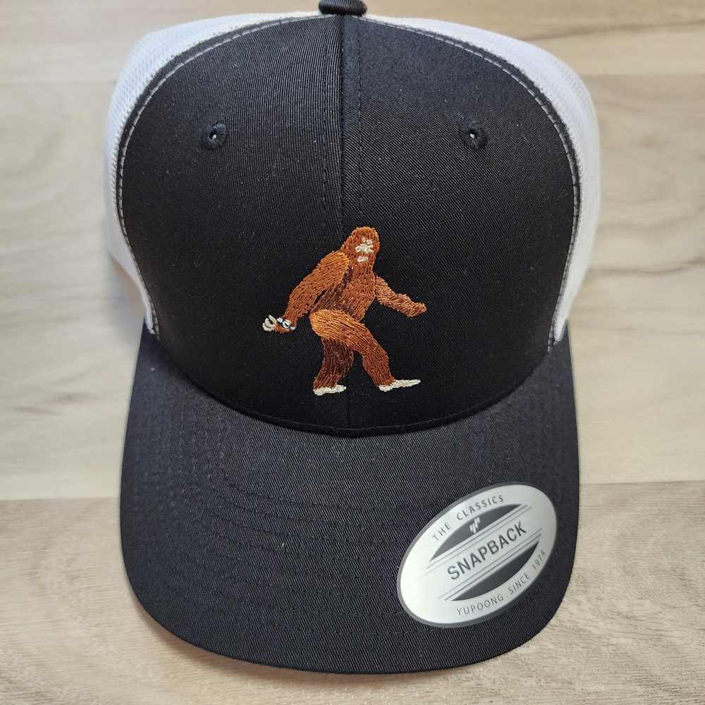 Black and White Snapback/Trucker Hat with Bigfoot Design